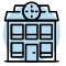 A small drawing of a school with a door, 5 windows, and a clock at it\'s head
